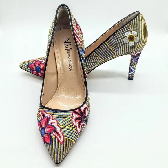Neiman Marcus Multicolor Floral Striped Embroidered Heels 8M